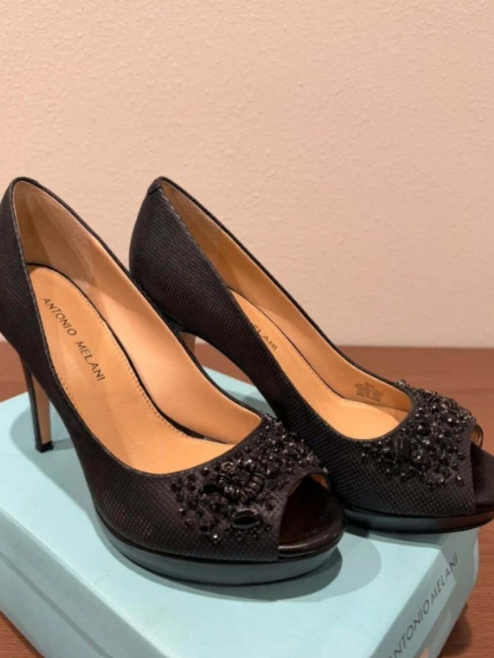 Antonio Melani Black Beaded Embellished Peep Toe Platform Heels – Size 8M
